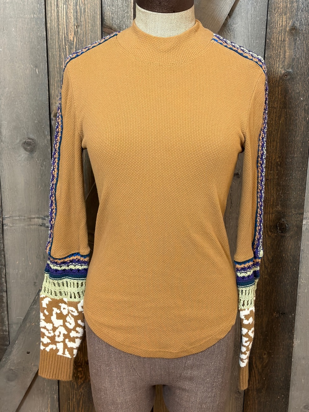 Free People Mixed Media Thermal Top Crochet Leopard Sleeve Boho Mustard Brown